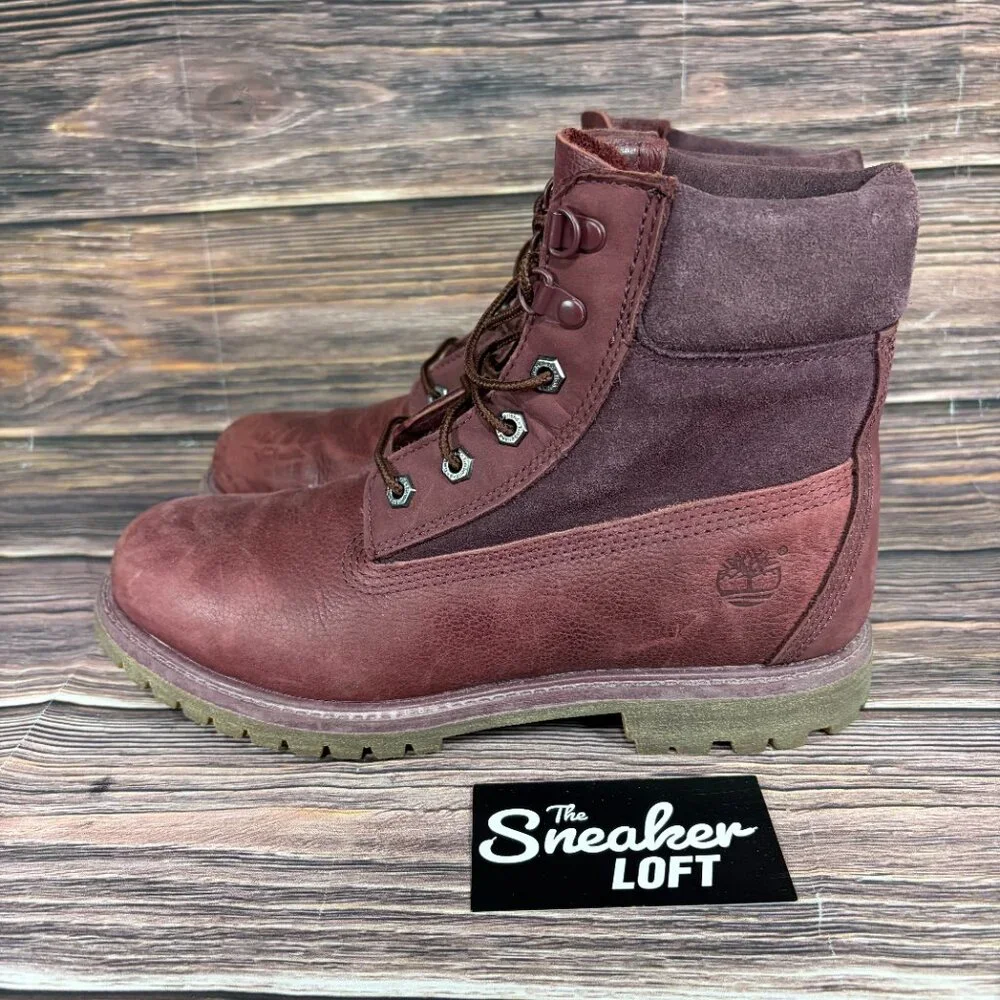 Timberland Women's 6 Inch Premium D Ring Burgundy Leather Suede Boots Size‎ 9